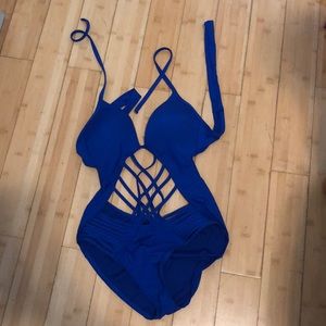 One piece blue bathing suit